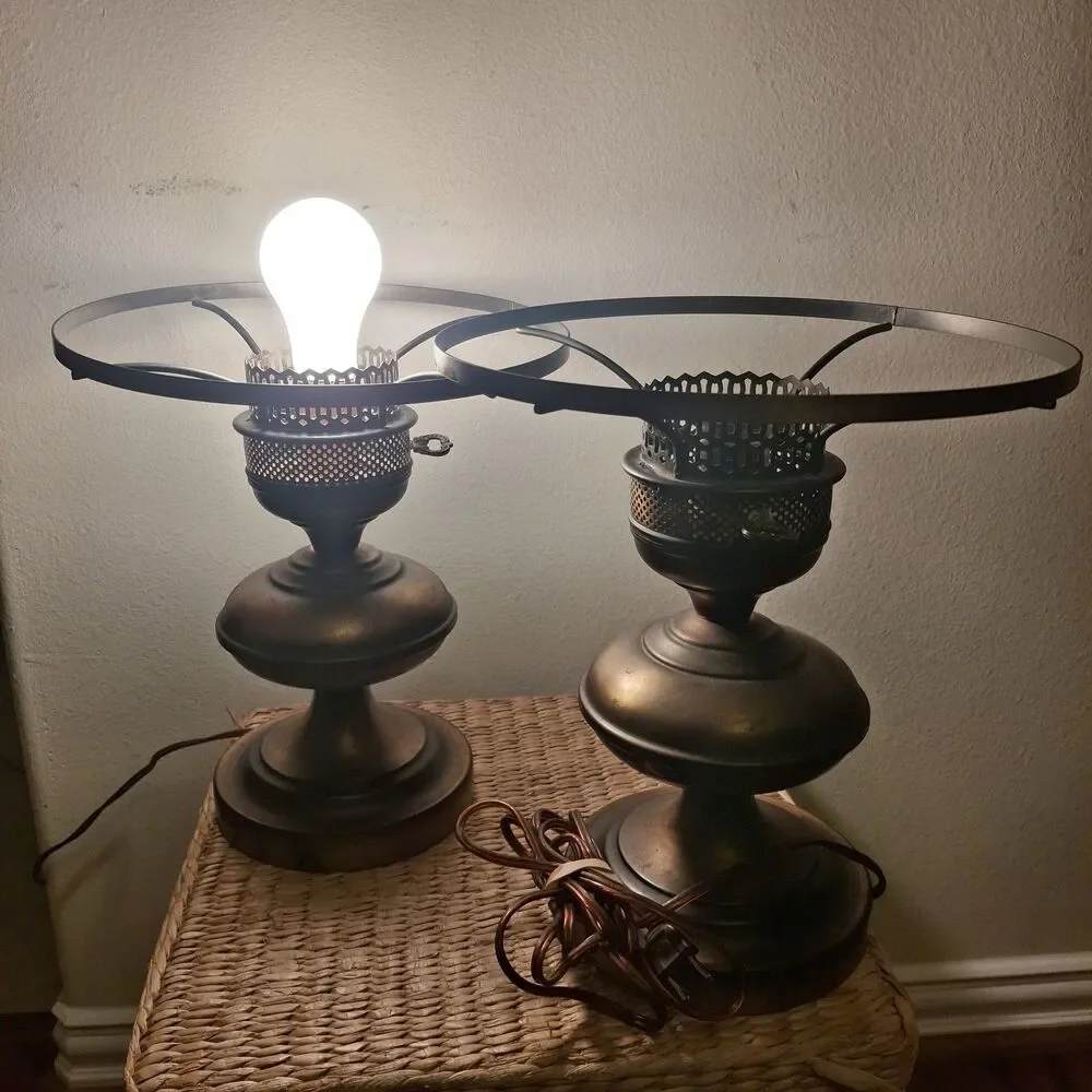 Vintage MCM Mid Century Brass Electric Oil Style Table Lamp (2) Retro Regency